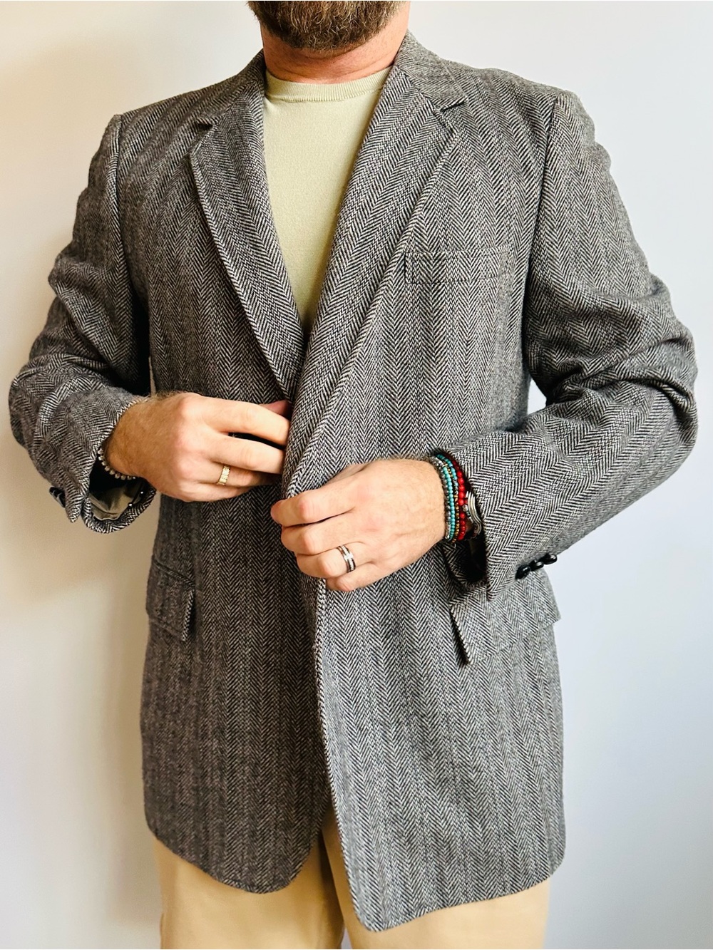 Vintage Sears Herringbone Tweed Blazer Sport Coat Gray Wool Academic Preppy